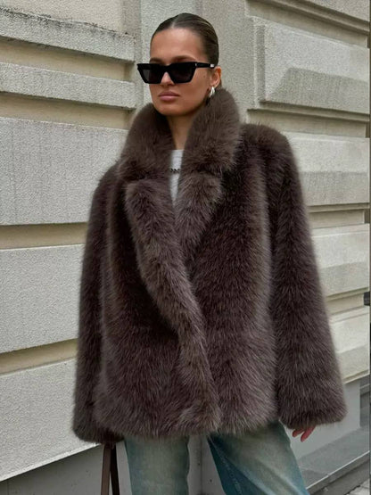Relaxed Plush-Textured Coat With Wide Collar And Long Sleeves – Brown