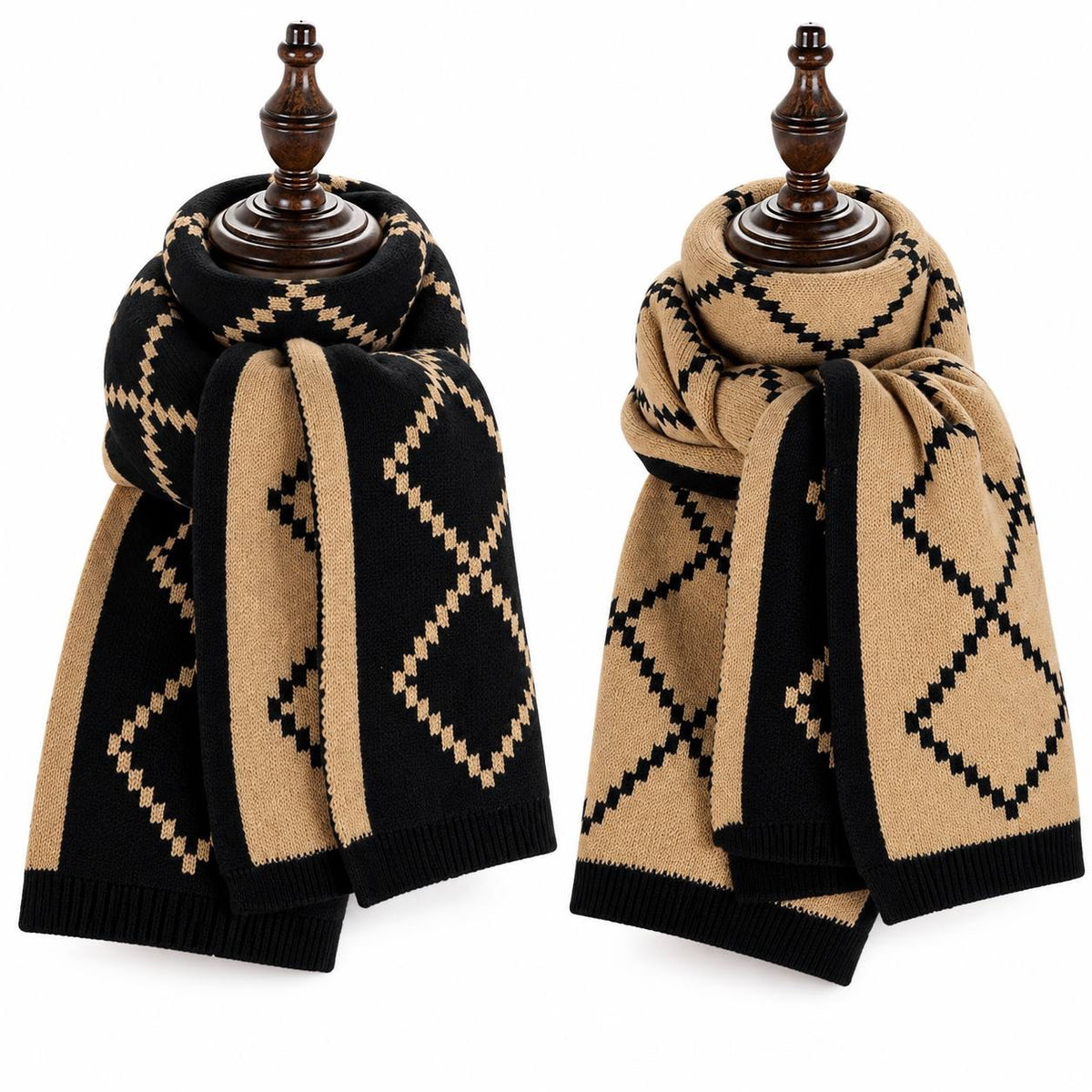 Diamond Pattern Scarf With Ribbed Edge Detailing – Black And Camel Diamond