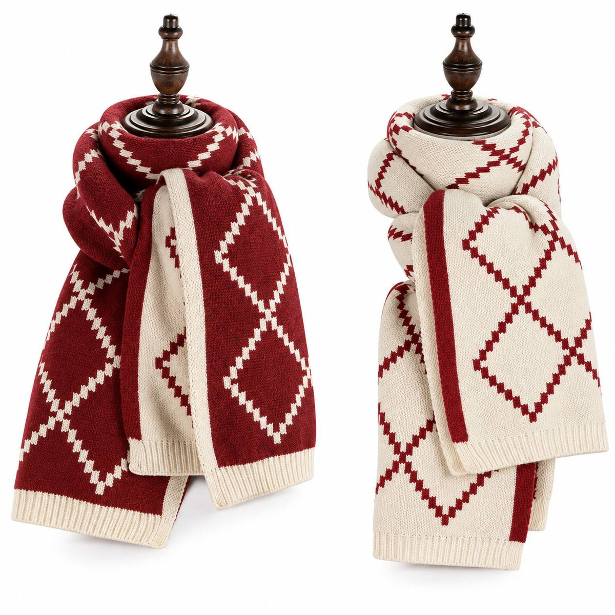 Diamond Pattern Scarf With Ribbed Edge Detailing – Red And Cream Diamond