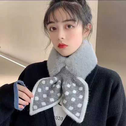 Fluffy Collar Scarf With Patterned Bow-Style Pointed Ends – Grey Polka Dot