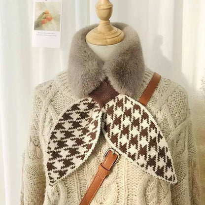 Fluffy Collar Scarf With Patterned Bow-Style Pointed Ends – Brown Houndstooth