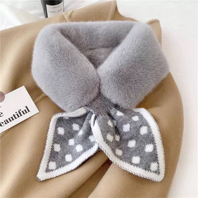 Fluffy Collar Scarf With Patterned Bow-Style Pointed Ends – Grey Polka Dot