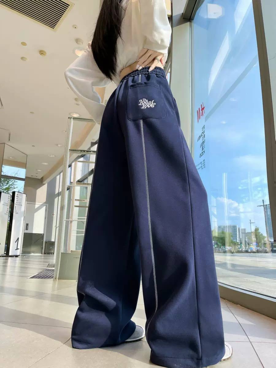 Wide Leg Drawstring Trousers With Contrast Stitch Detailing – Navy