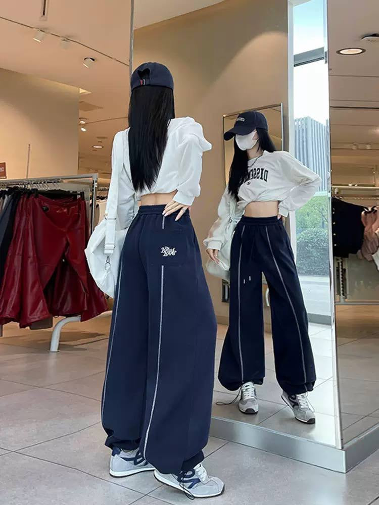 Wide Leg Drawstring Trousers With Contrast Stitch Detailing – Navy