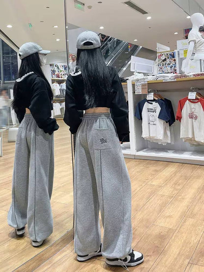 Wide Leg Drawstring Trousers With Contrast Stitch Detailing – Grey