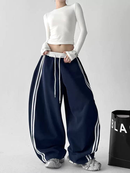 Wide Leg Side Stripe Trousers With Drawstring Waist – Navy