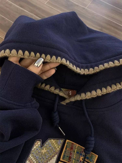 Relaxed Fit Hoodie With Patterned Lettering And Contrast Stitching – Navy