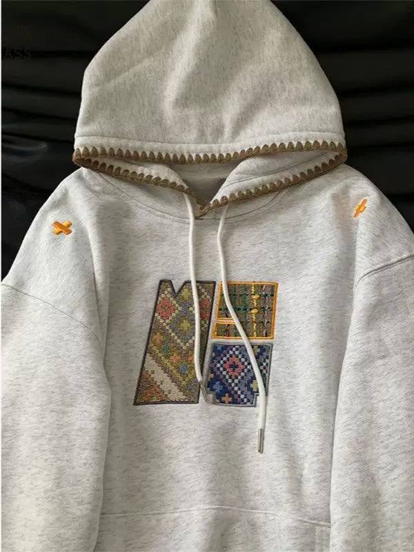 Relaxed Fit Hoodie With Patterned Lettering And Contrast Stitching – Light Grey