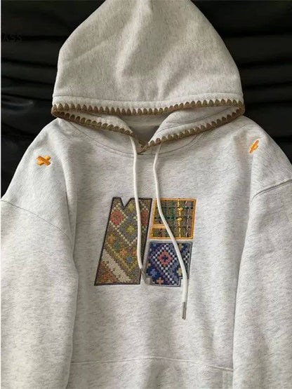 Relaxed Fit Hoodie With Patterned Lettering And Contrast Stitching – Light Grey