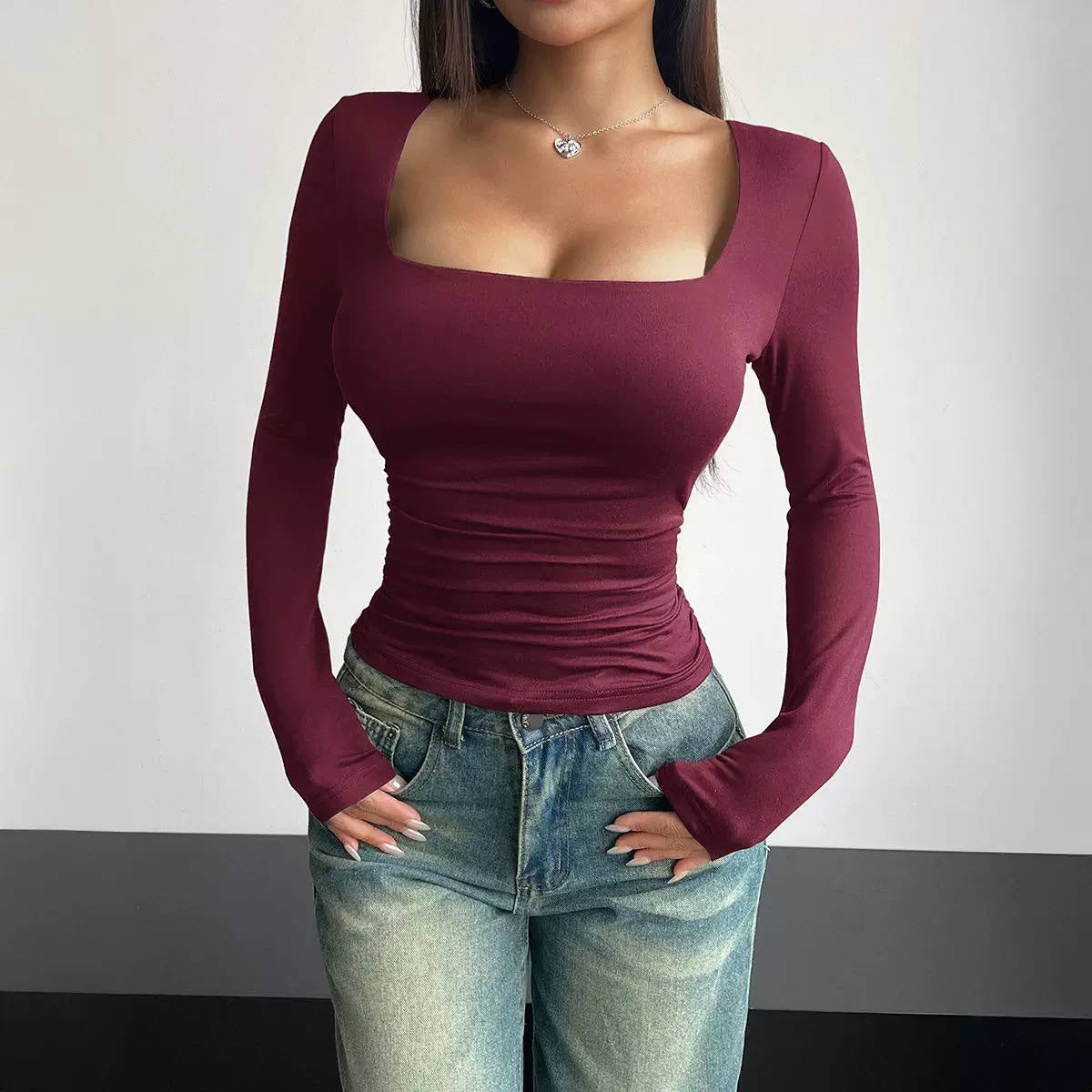 Fitted Square Neck Top With Long Sleeves – Burgundy