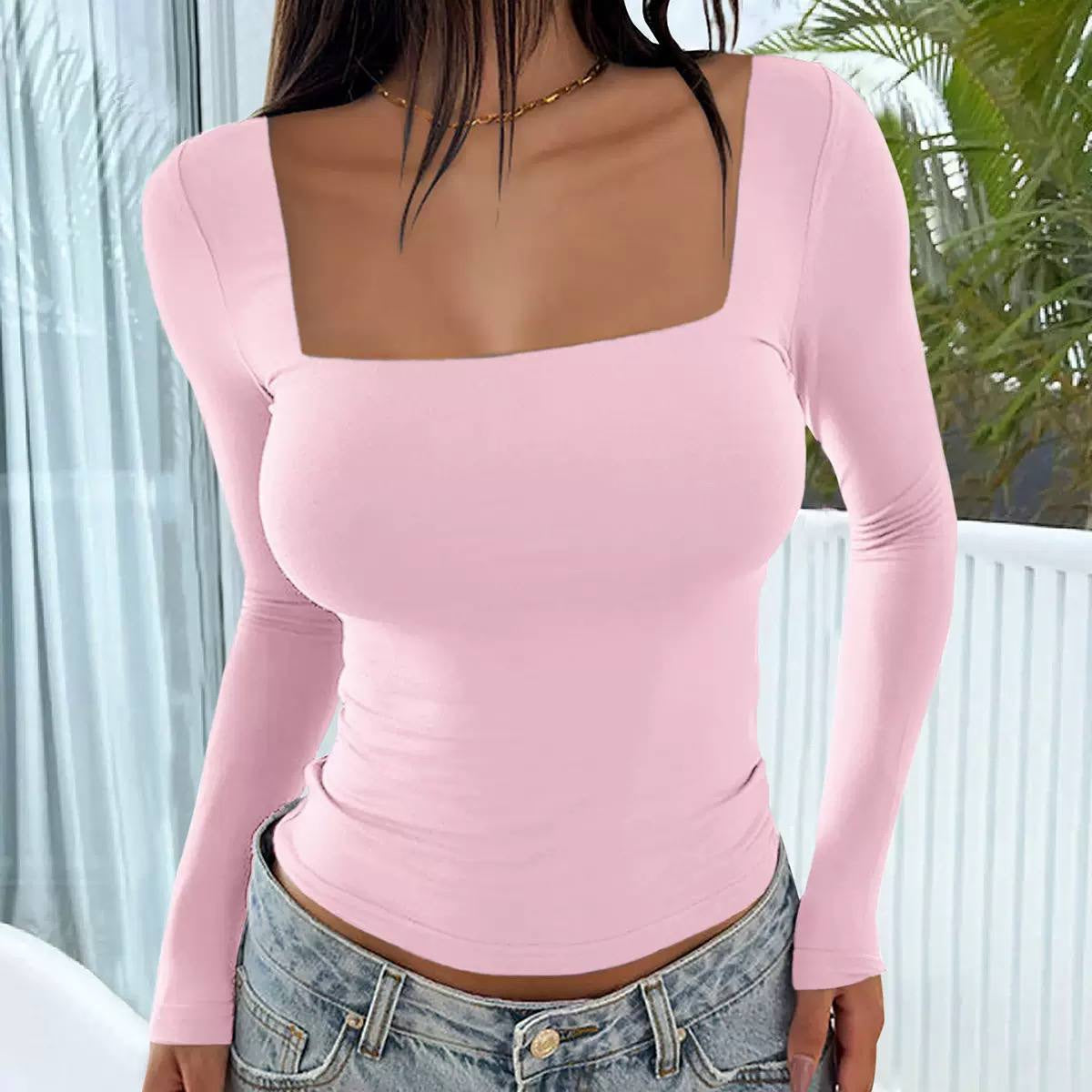 Fitted Square Neck Top With Long Sleeves – Pink