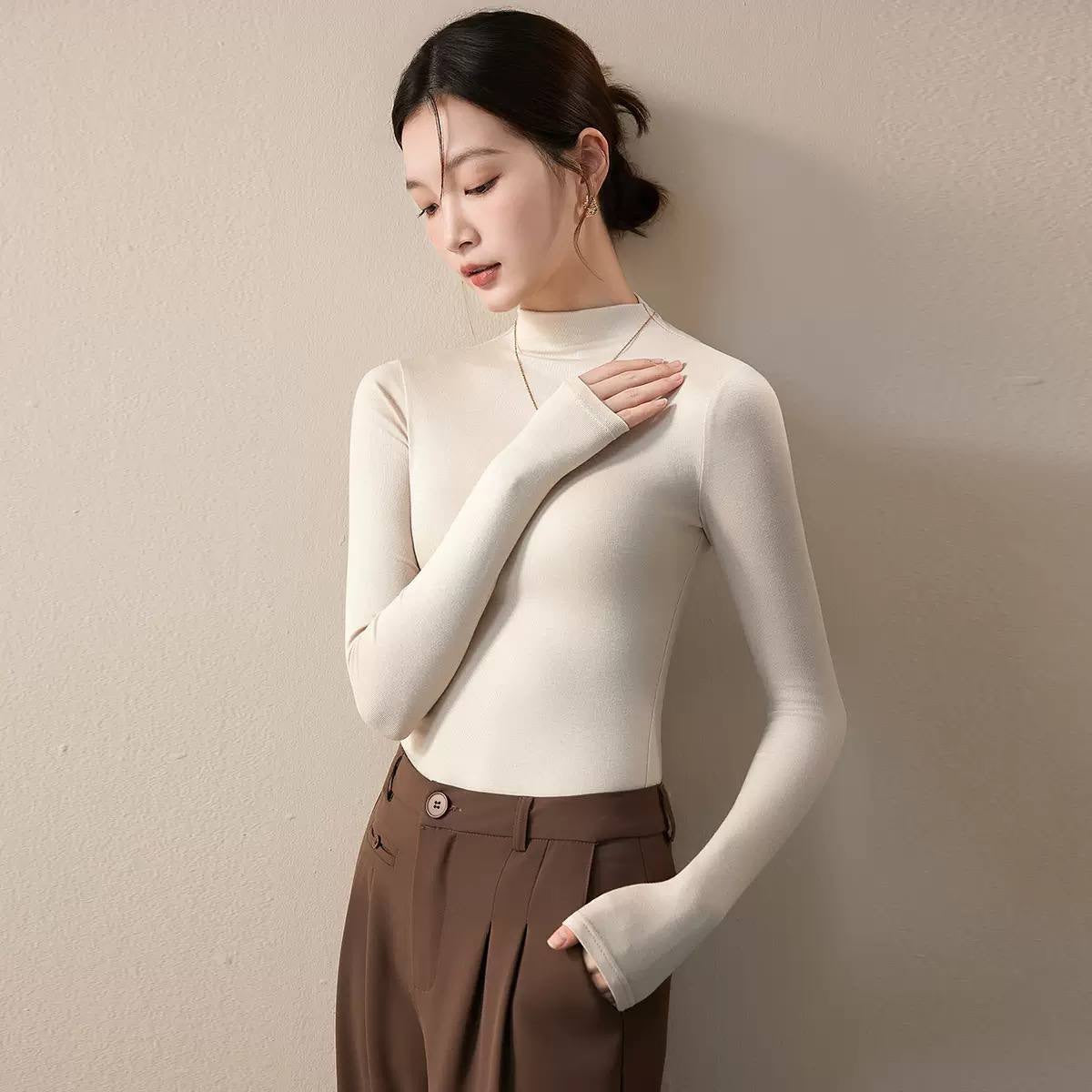 Slim Fit Mock Neck Long Sleeve Top – Cream