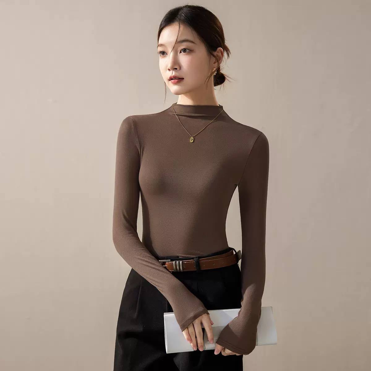 Slim Fit Mock Neck Long Sleeve Top – Brown