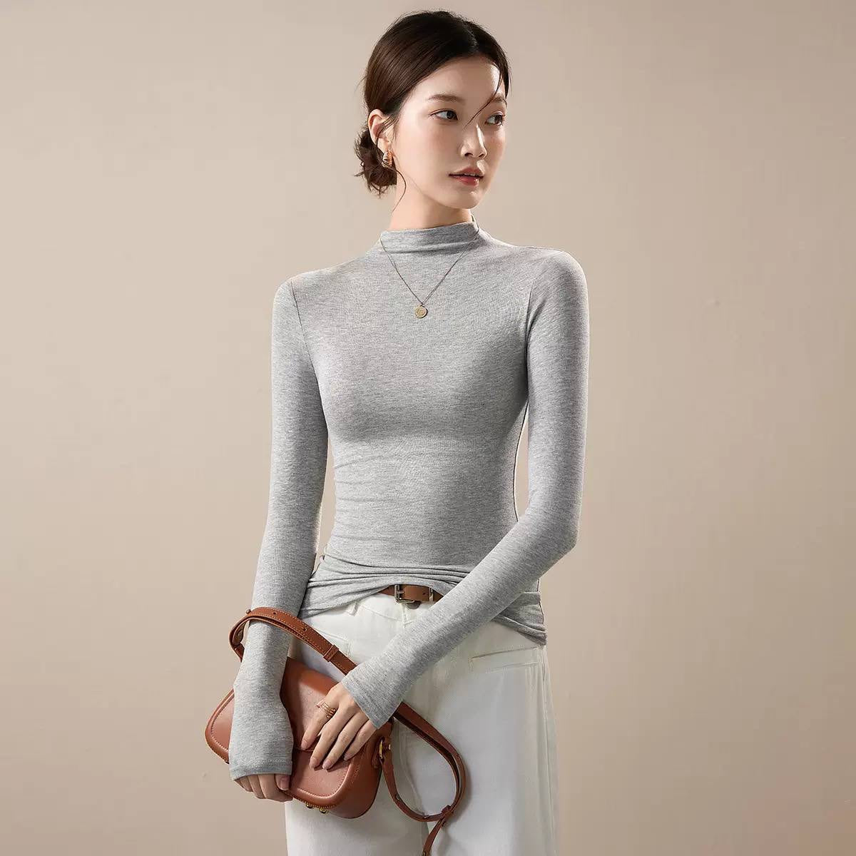 Slim Fit Mock Neck Long Sleeve Top – Light Grey