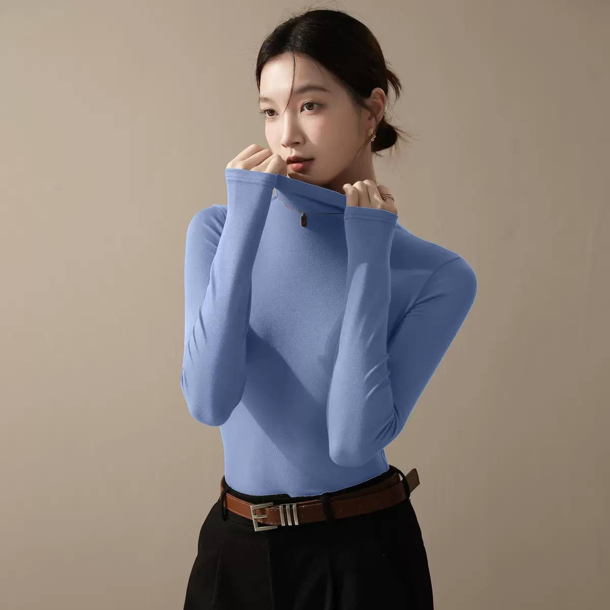 Slim Fit Mock Neck Long Sleeve Top – Blue