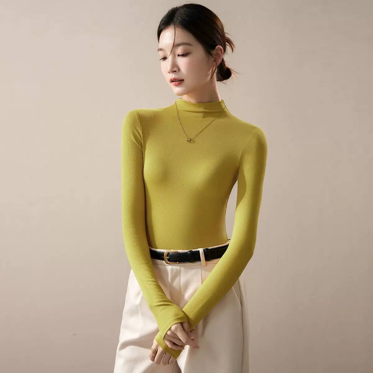 Slim Fit Mock Neck Long Sleeve Top – Mustard
