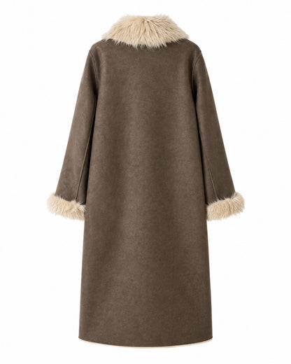 Longline Coat With Oversized Collar And Patch Pockets – Brown And Cream